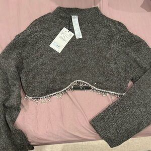 Zara Gray Cropped Sweater with Beaded Hem
